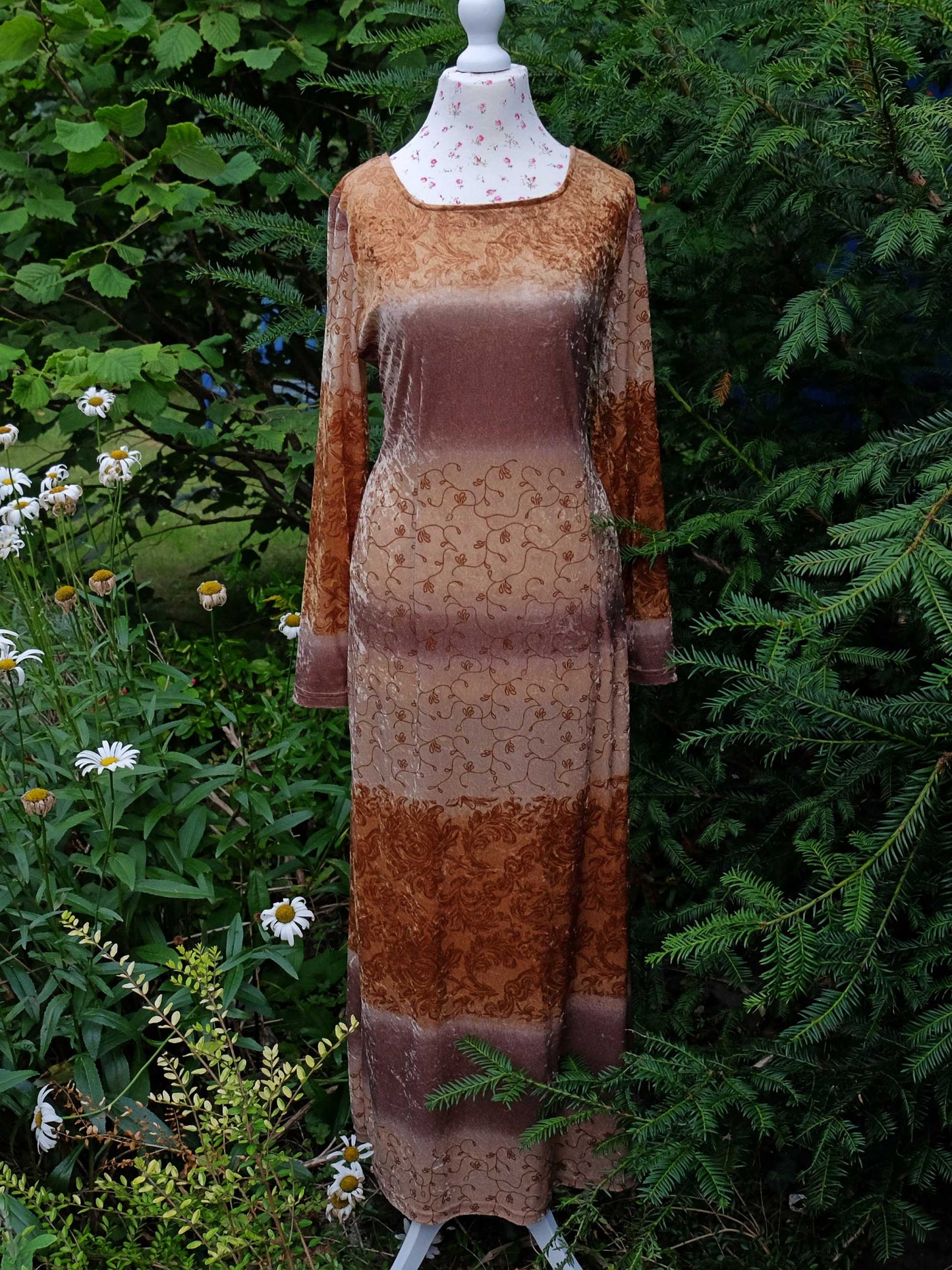 Vintage Boho Dress 90s Velvet Maxi Caramel - Size 14 Bohemian