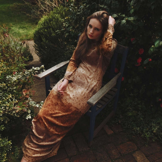 Vintage Boho Dress 90s Velvet Maxi Caramel - Size 14 Bohemian