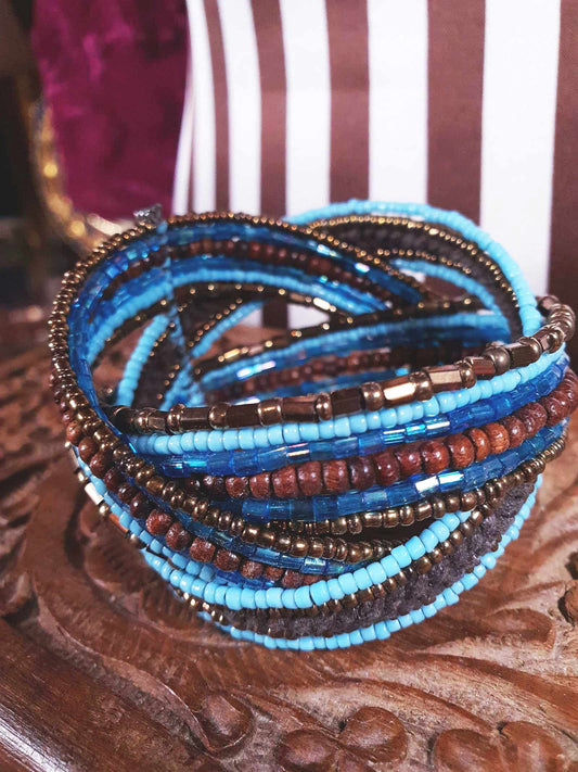 Vintage Beaded Boho Bangle Bracelet Cuff Brown Blue Bohemian