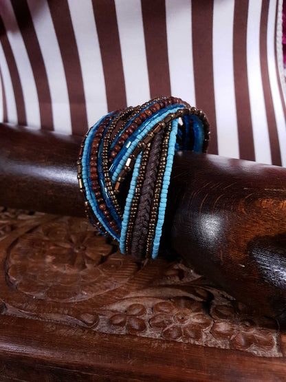 Vintage Beaded Boho Bangle Bracelet Cuff Brown Blue Bohemian