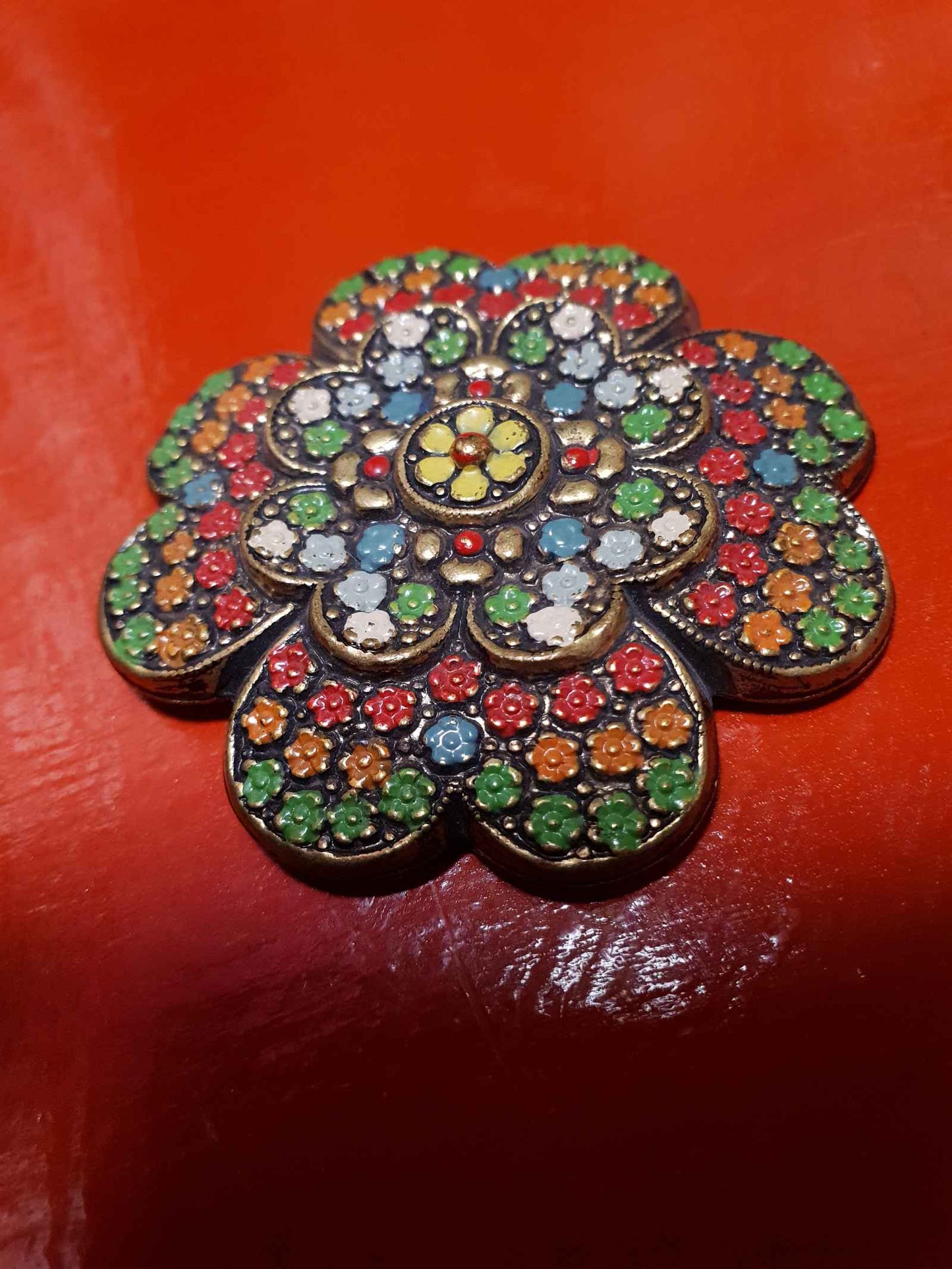 Vintage Edwardian Flower Brooch Brass Cold Enamel Multi Colours - Rare