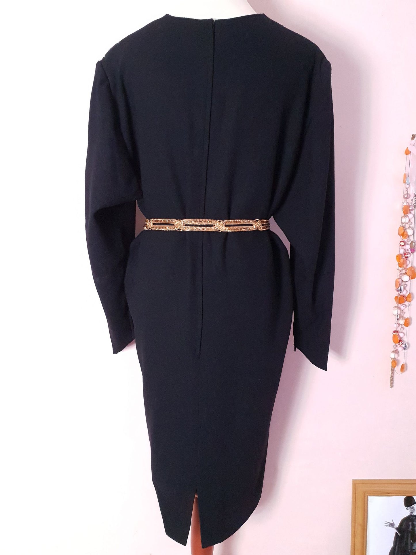 Vintage 1980s Guy Laroche Black Wool Diamante Dress - Size 18