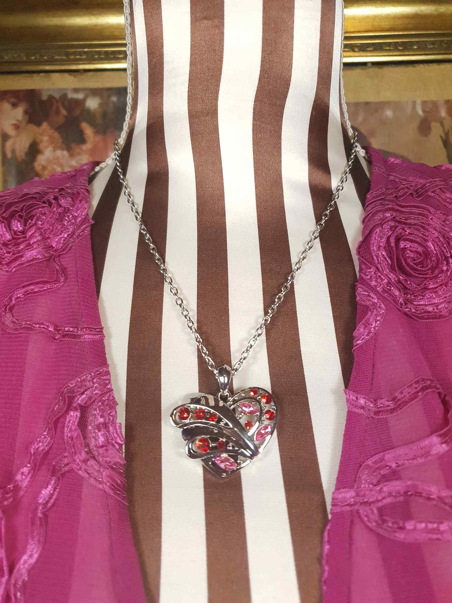 Vintage Red Pink Rhinestone Heart Pendant Necklace