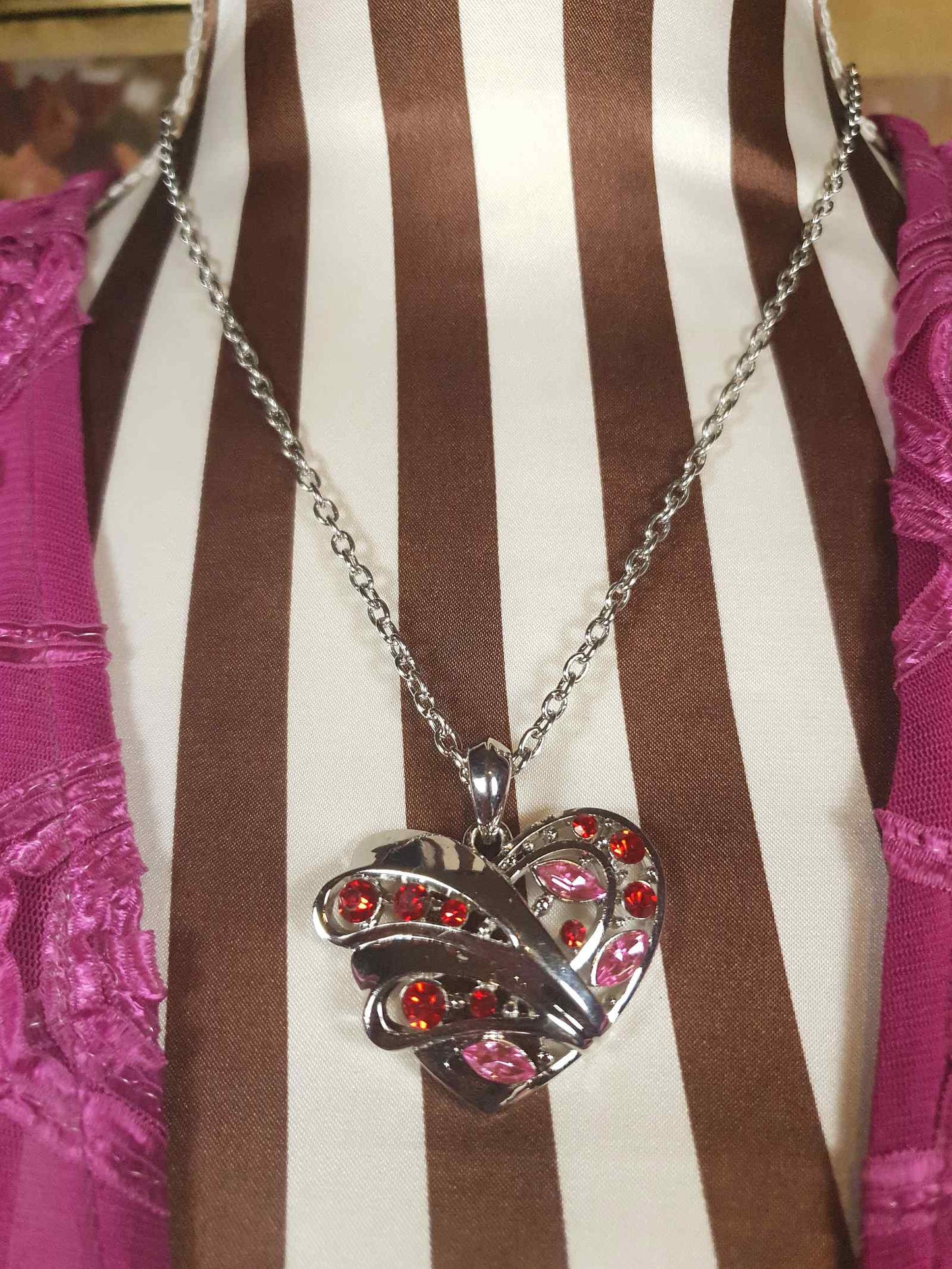 Vintage Red Pink Rhinestone Heart Pendant Necklace