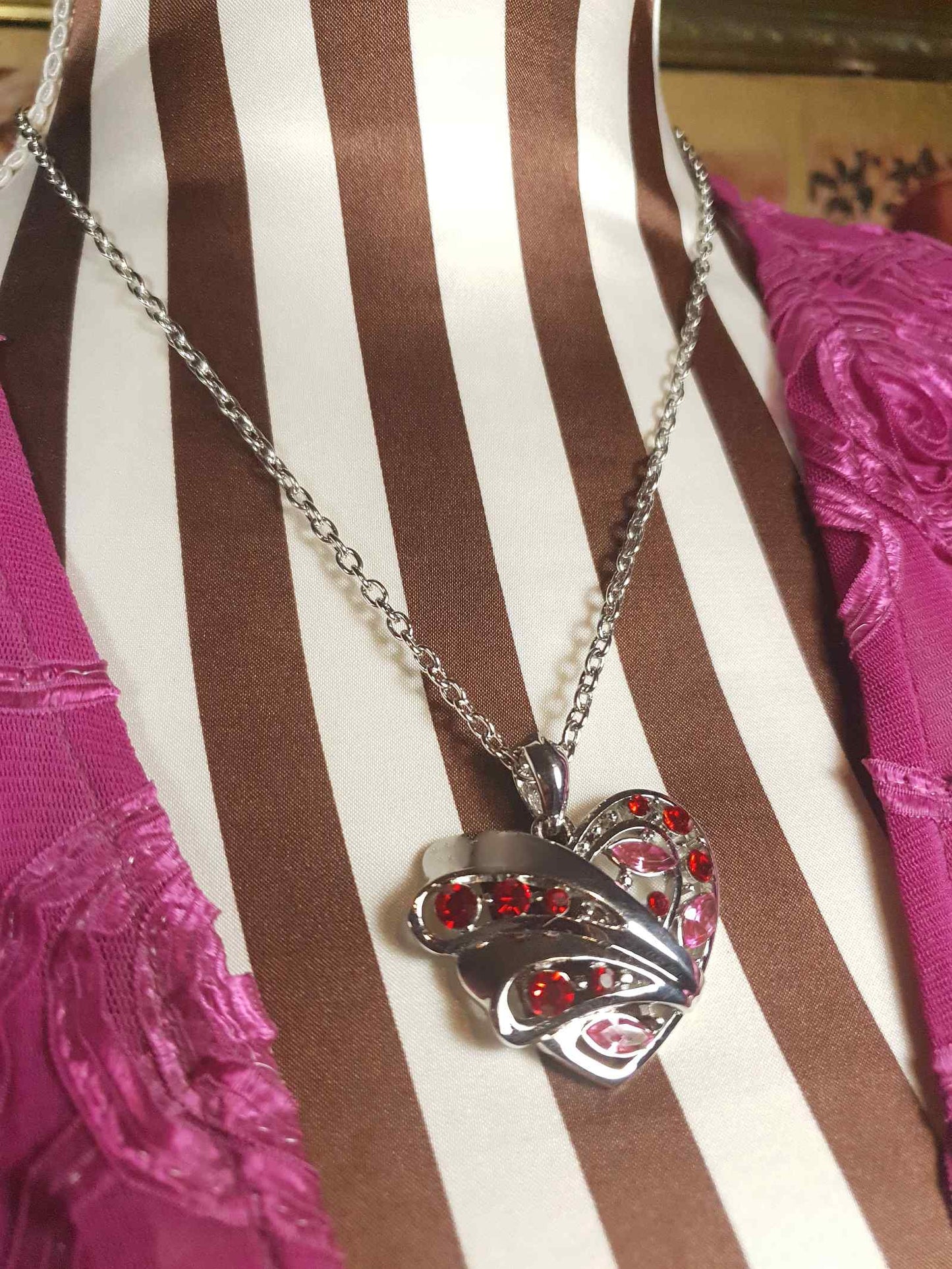 Vintage Red Pink Rhinestone Heart Pendant Necklace