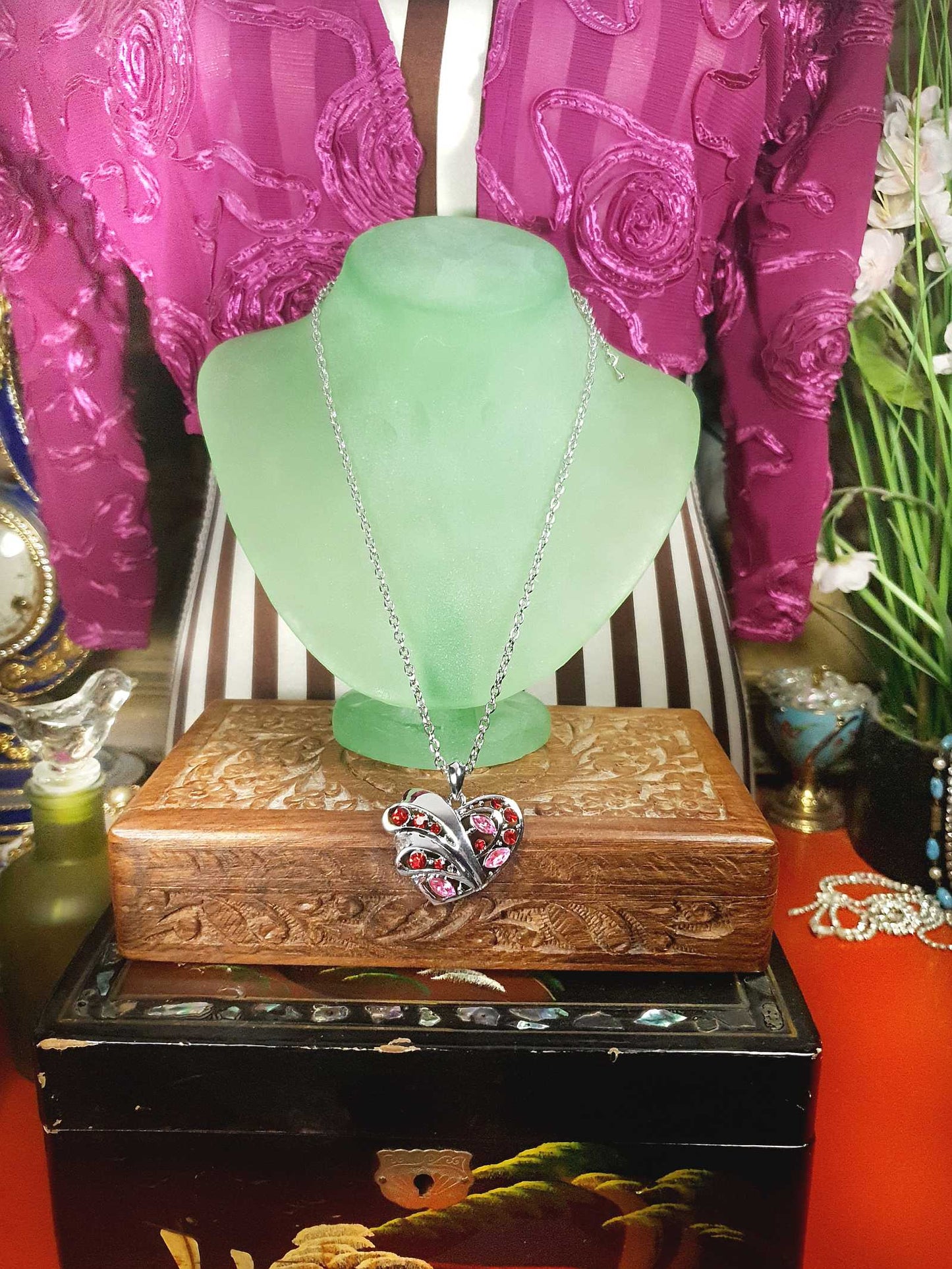 Vintage Red Pink Rhinestone Heart Pendant Necklace
