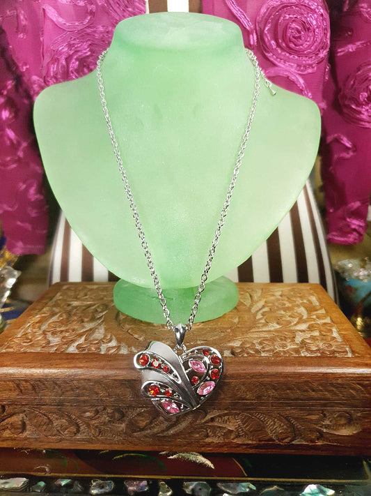 Vintage Red Pink Rhinestone Heart Pendant Necklace