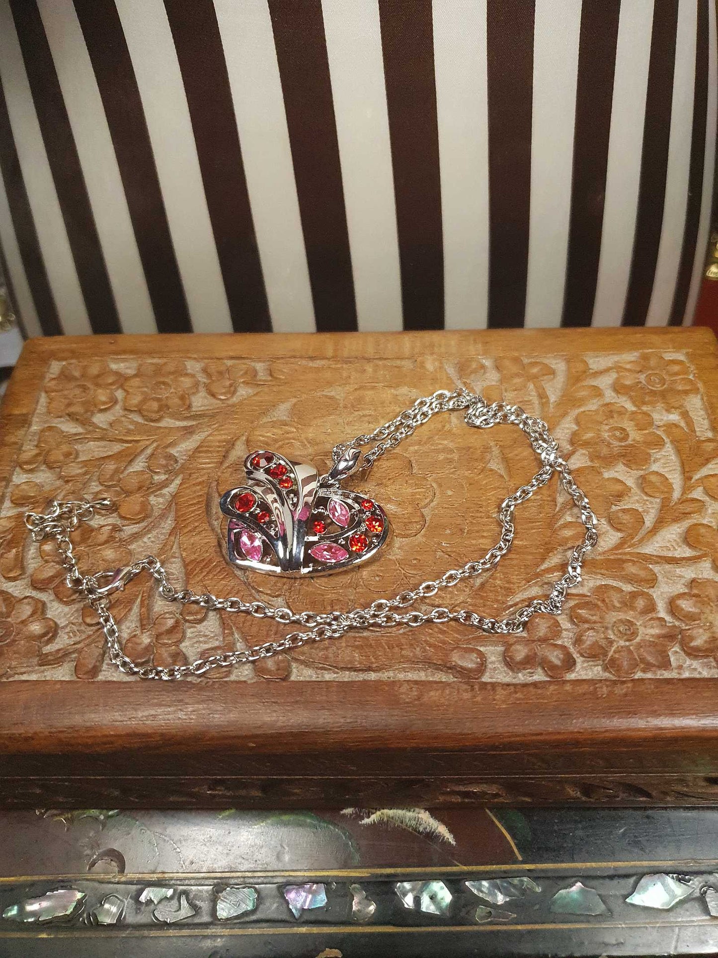 Vintage Red Pink Rhinestone Heart Pendant Necklace