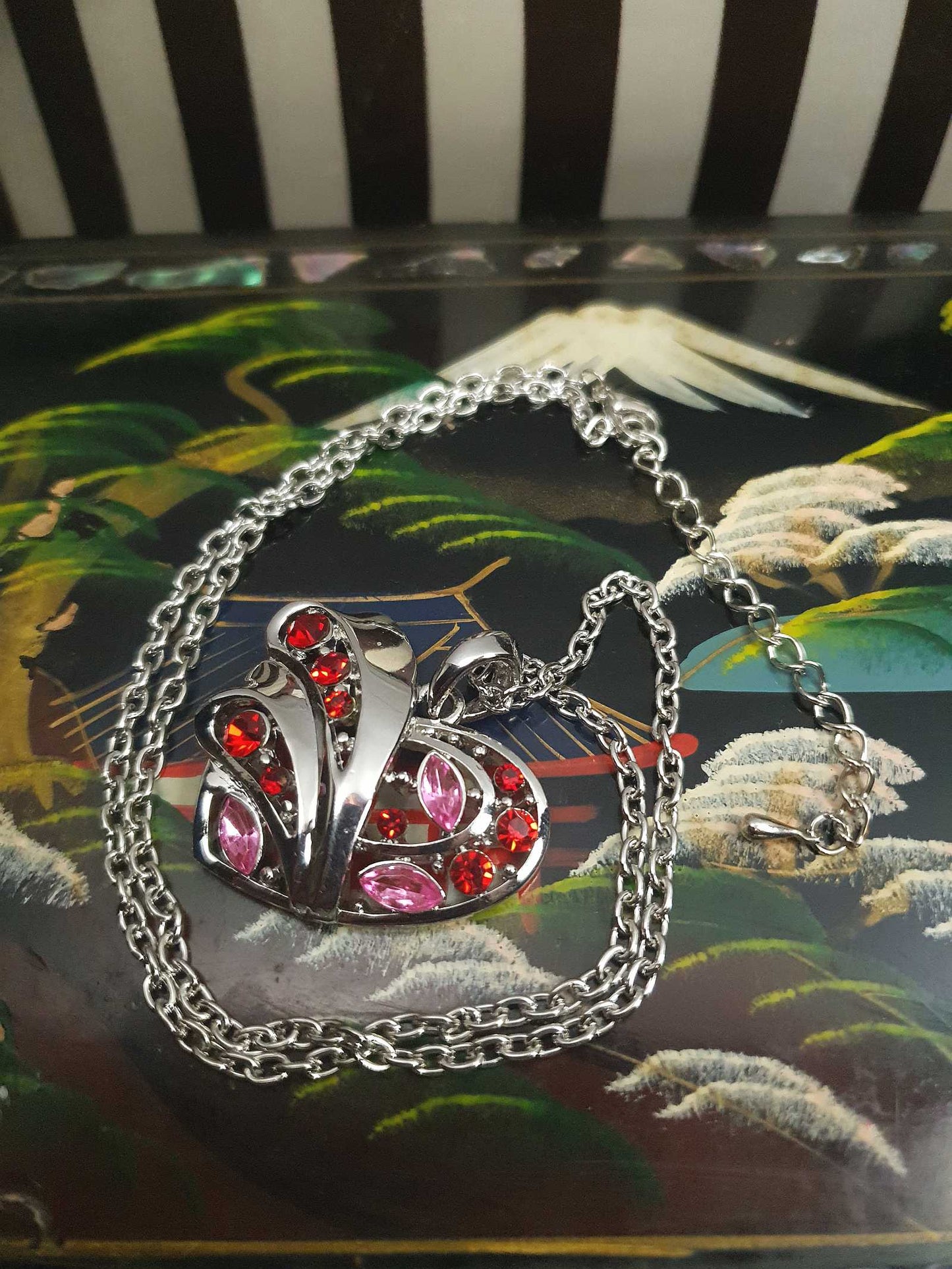 Vintage Red Pink Rhinestone Heart Pendant Necklace