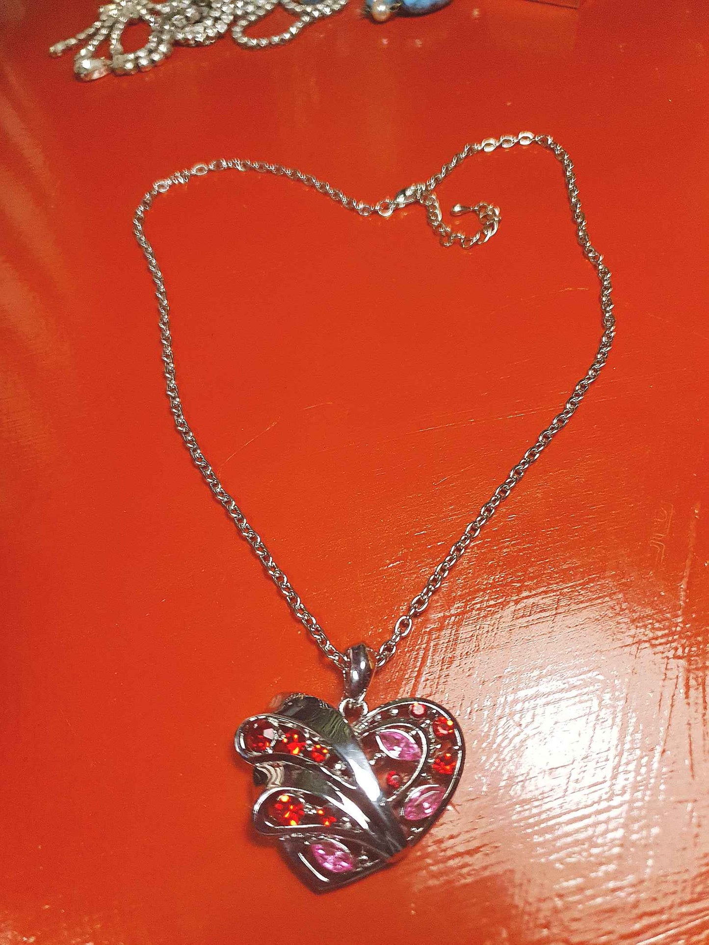 Vintage Red Pink Rhinestone Heart Pendant Necklace