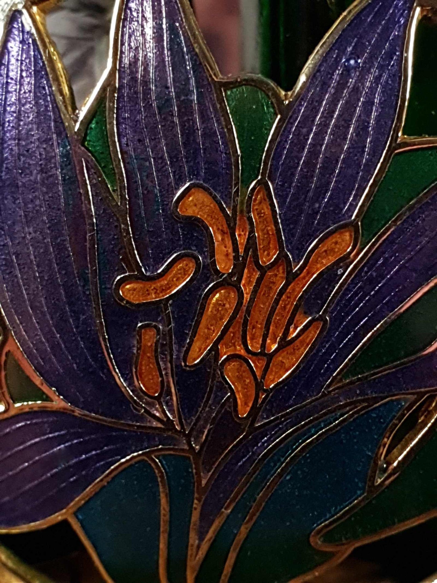 Vintage Iris Flower Cloisonne Brooch Floral 1980s Gold Tone