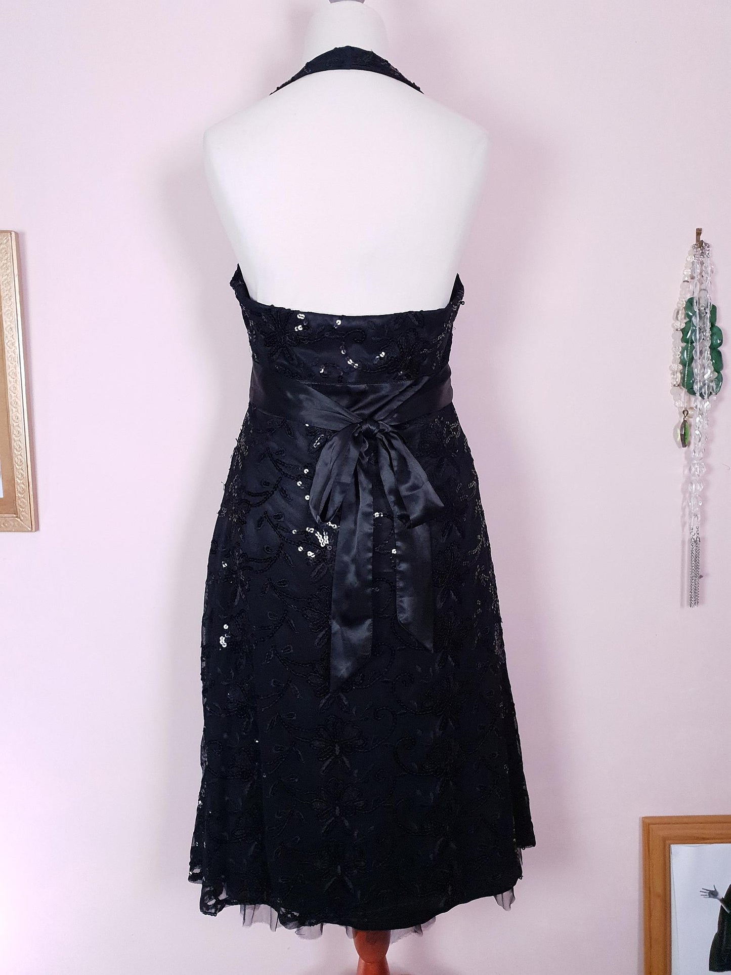 Vintage Black Sequin Party Dress 1990s Halter Neck LBD Size 10 Fit & Flare Midi