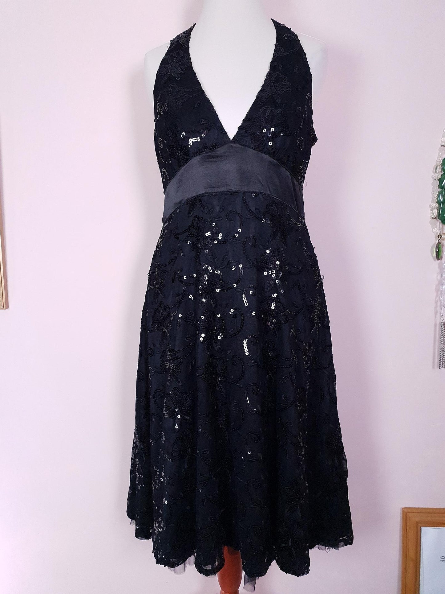 Vintage Black Sequin Party Dress 1990s Halter Neck LBD Size 10 Fit & Flare Midi