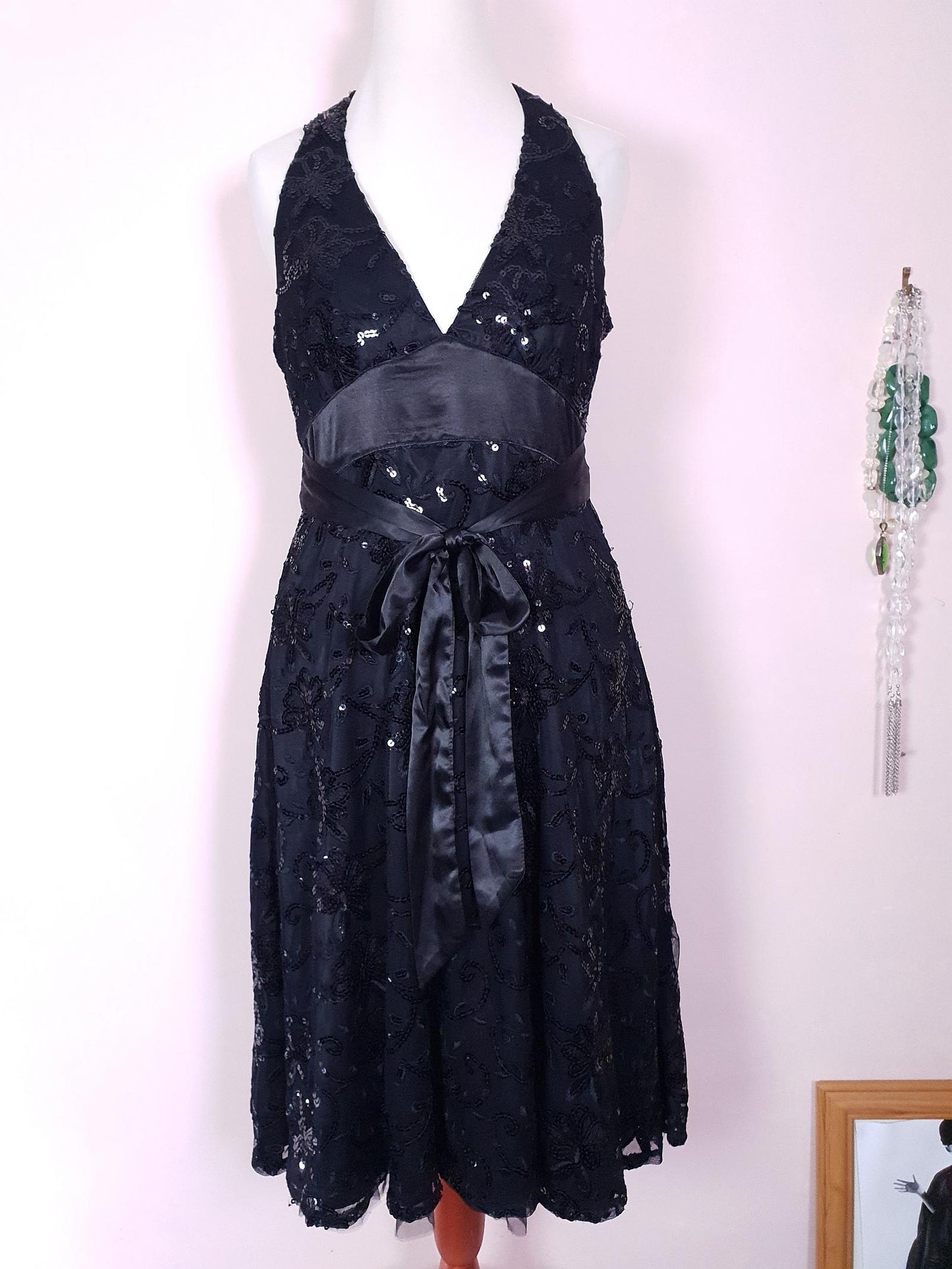 Vintage Black Sequin Party Dress 1990s Halter Neck LBD Size 10 Fit & Flare Midi