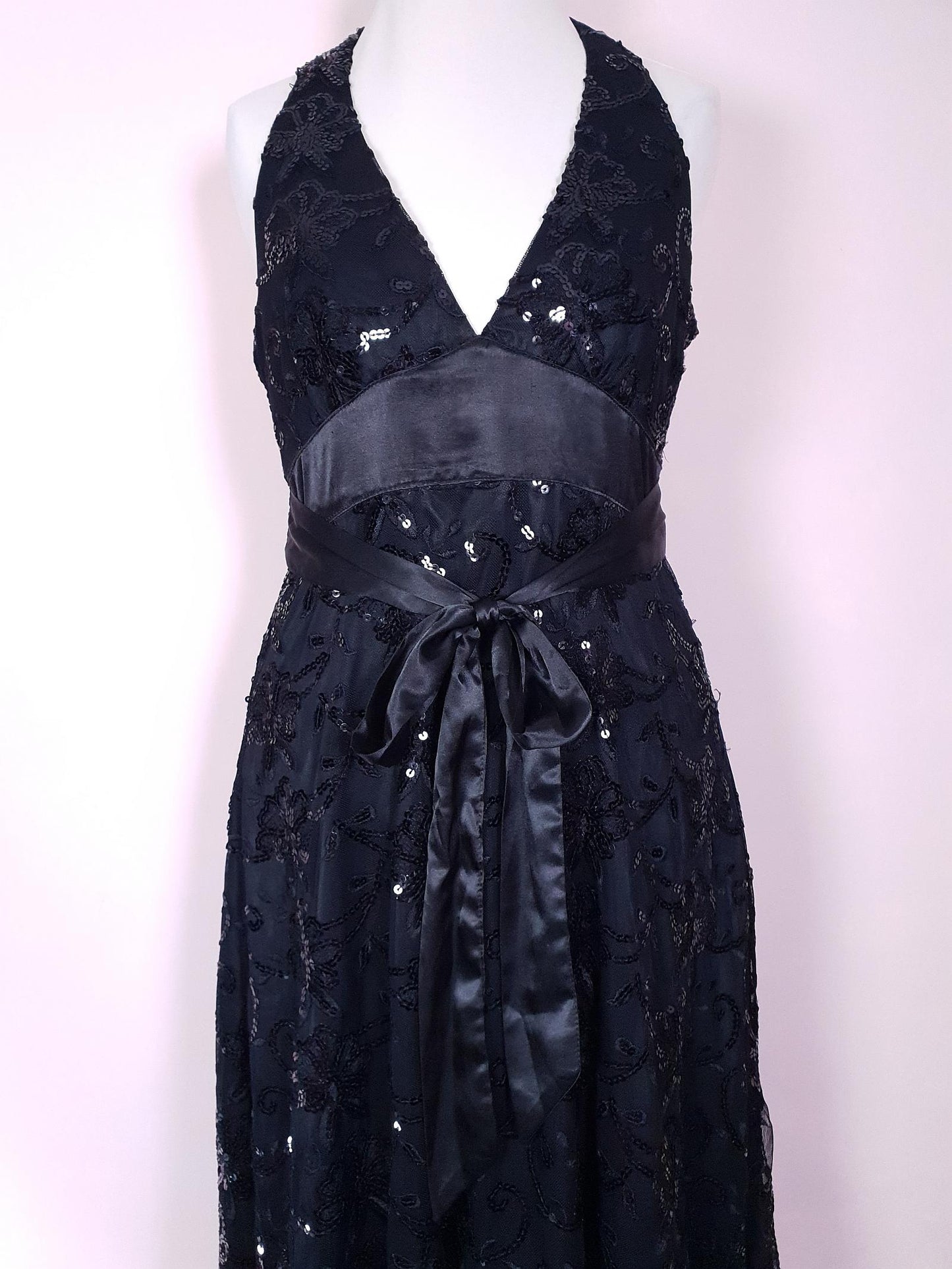 Vintage Black Sequin Party Dress 1990s Halter Neck LBD Size 10 Fit & Flare Midi