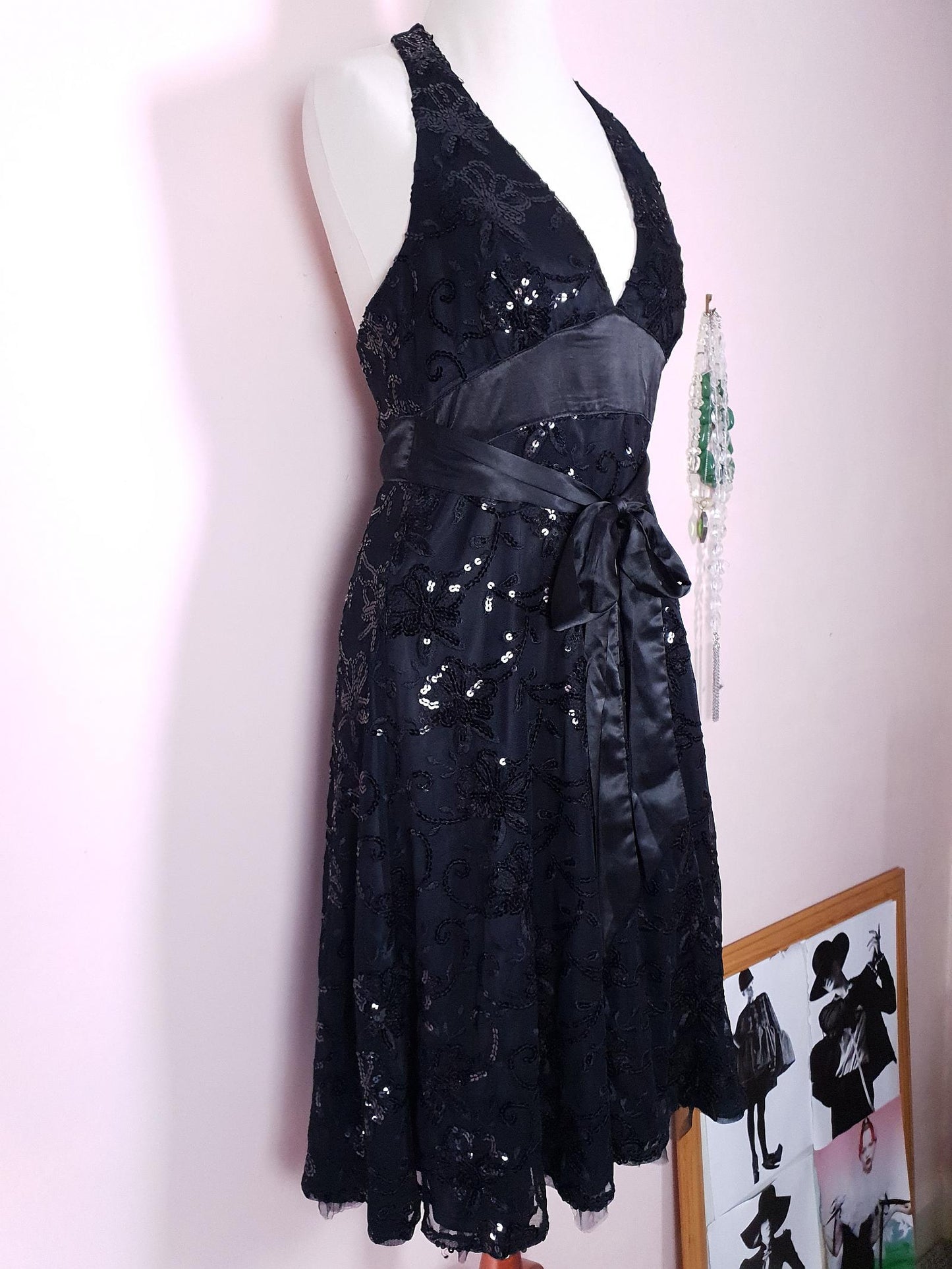 Vintage Black Sequin Party Dress 1990s Halter Neck LBD Size 10 Fit & Flare Midi