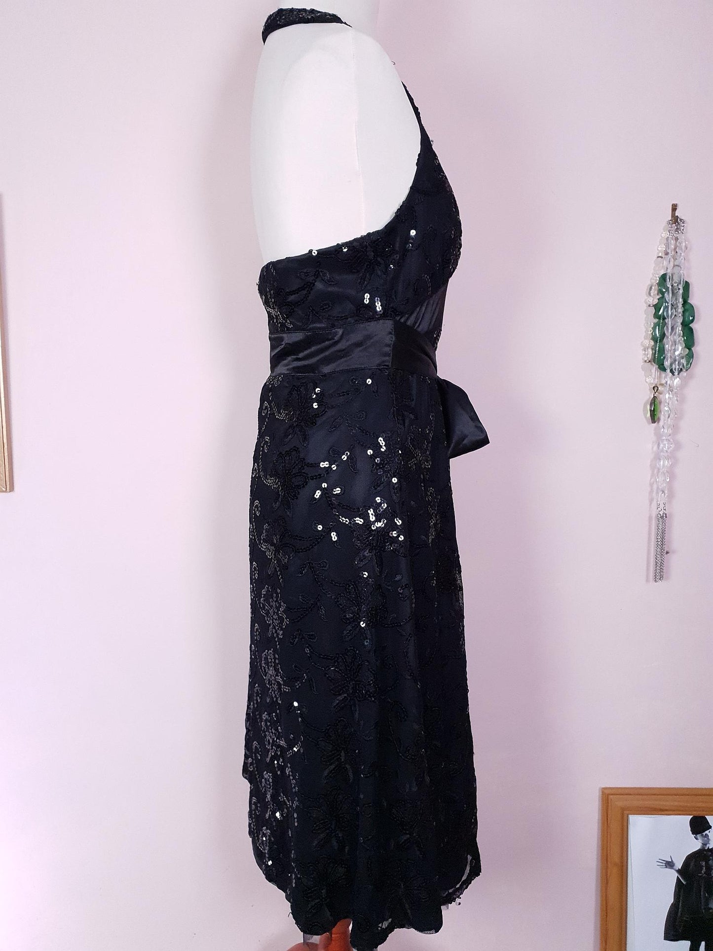 Vintage Black Sequin Party Dress 1990s Halter Neck LBD Size 10 Fit & Flare Midi