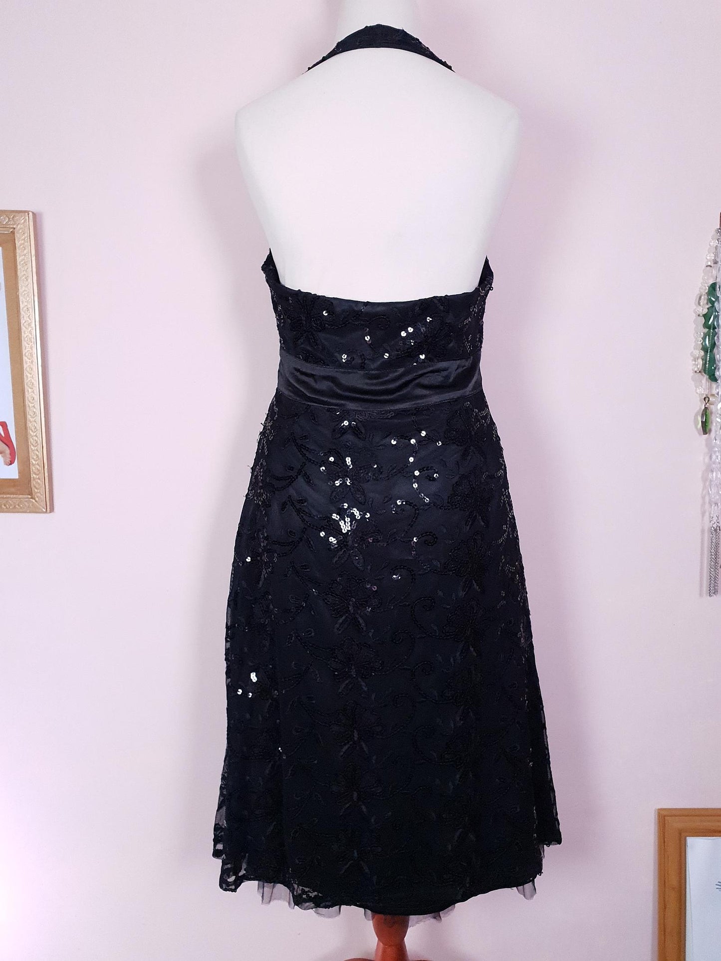 Vintage Black Sequin Party Dress 1990s Halter Neck LBD Size 10 Fit & Flare Midi