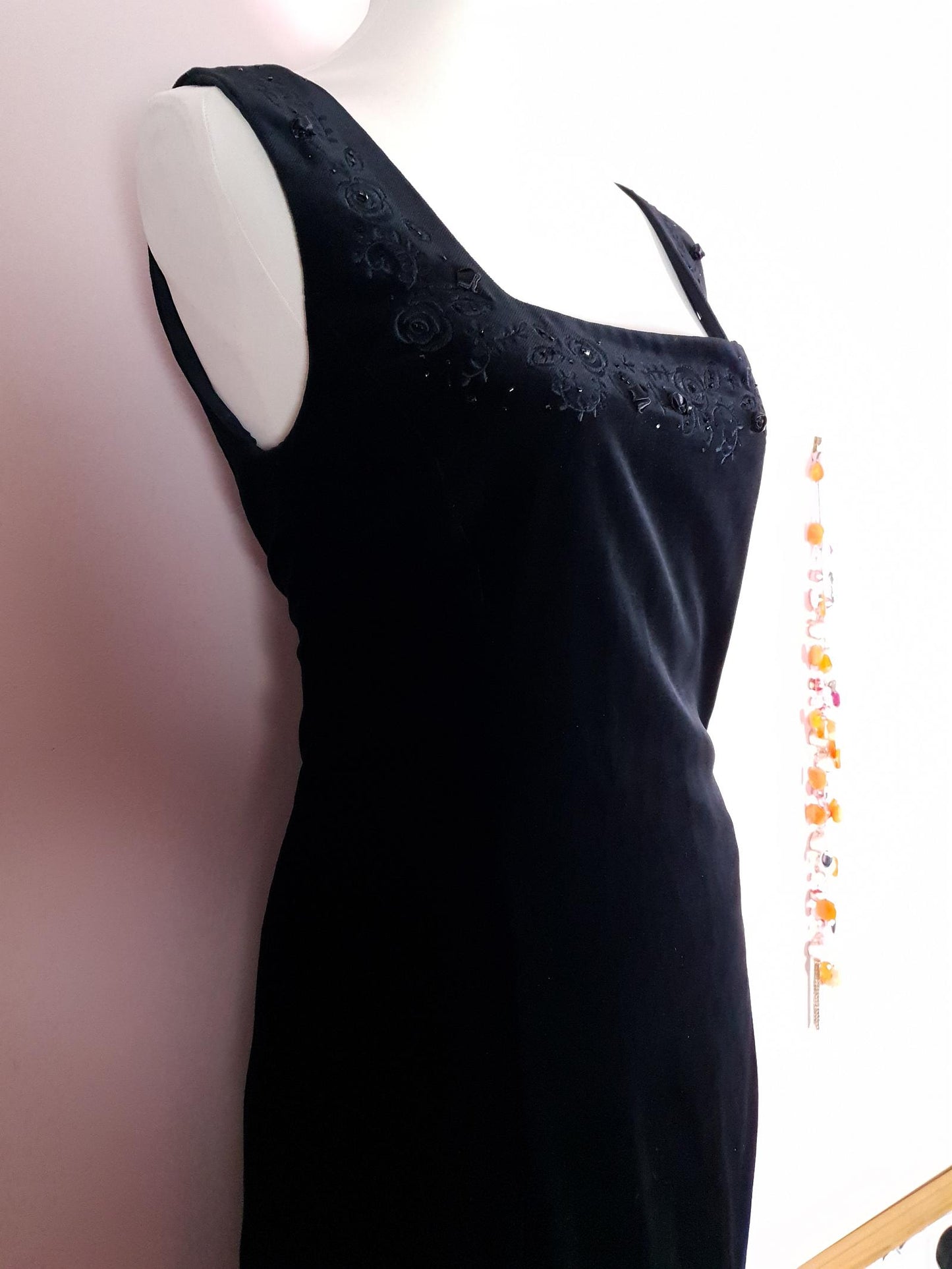 English Classics - 1990s Vintage Laura Ashley Black Velvet Embroidered Dress - Size 12/14