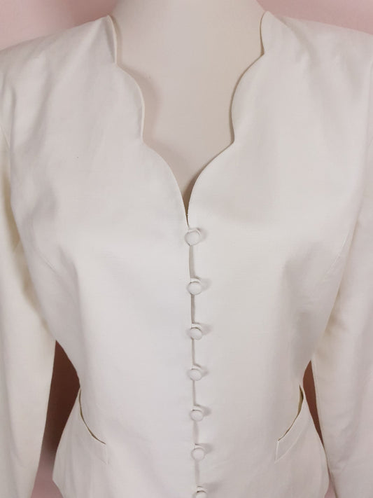 English Classics - Chic 1980s Laura Ashley Cream Linen Jacket - Size 14
