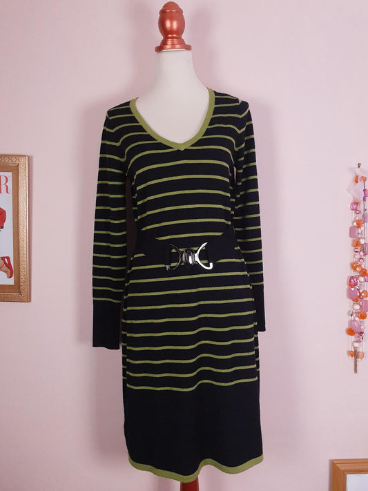 Vintage Laura Ashley Merino Wool Dress Midi Striped Black Green Size 12