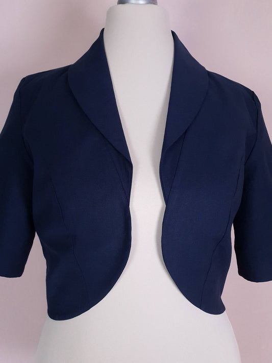 Vintage Laura Ashley Navy Blue Bolero Jacket Cotton 90s Size 10