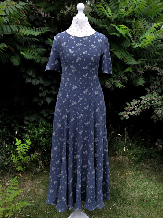 Vintage 90s Laura Ashley Blue Silk Floral Tea Dress - English Classics Size 10