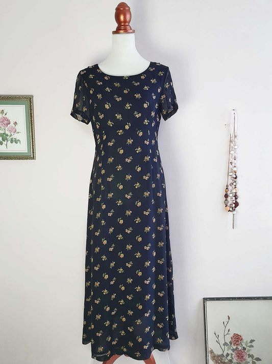 English Classics - Pre-Owned Laura Ashley Navy Blue Floral Silk Tea Dress - Size 10