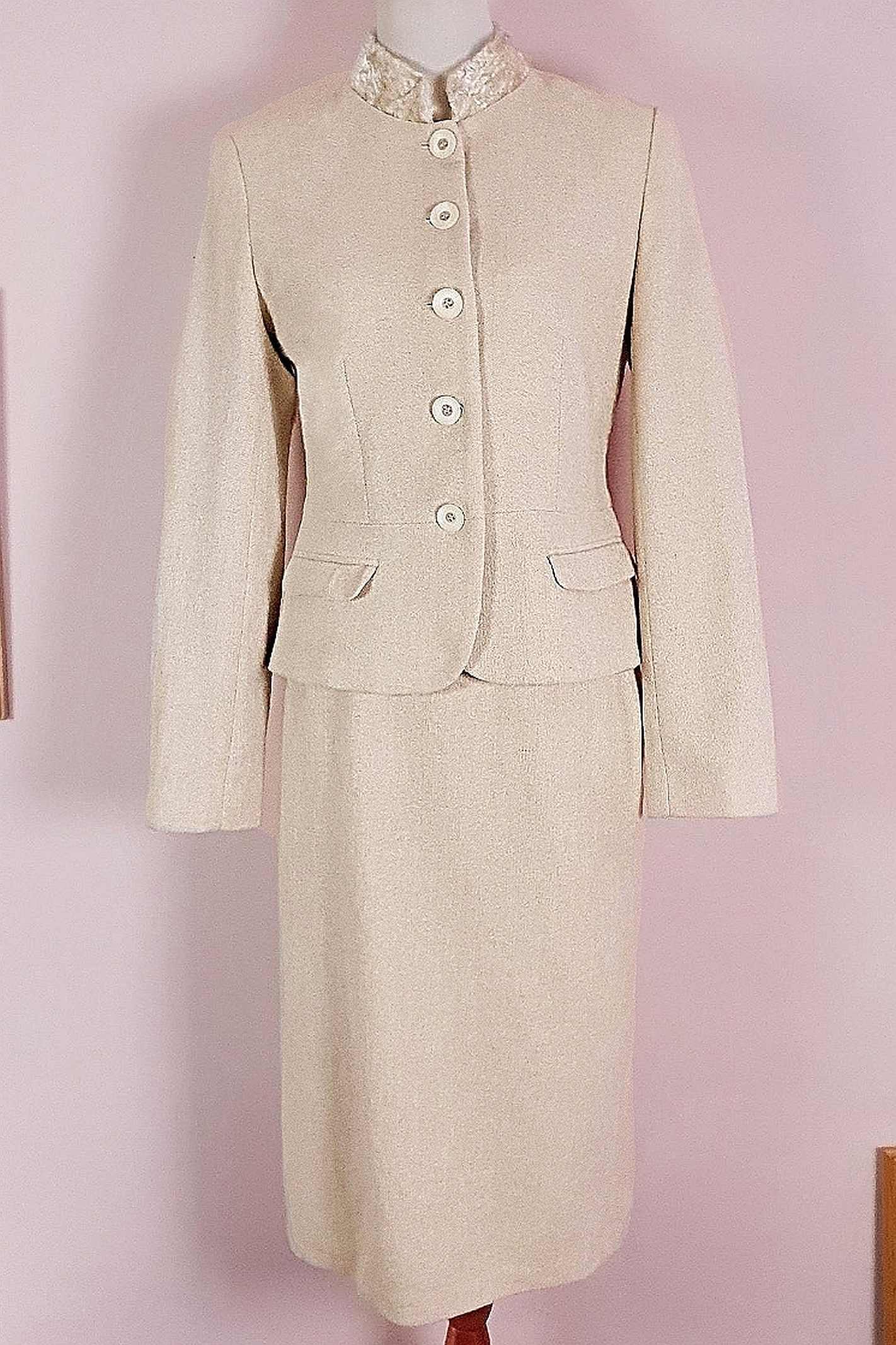 Vintage Laura Ashley Cream Suit Skirt Jacket Set Size 10