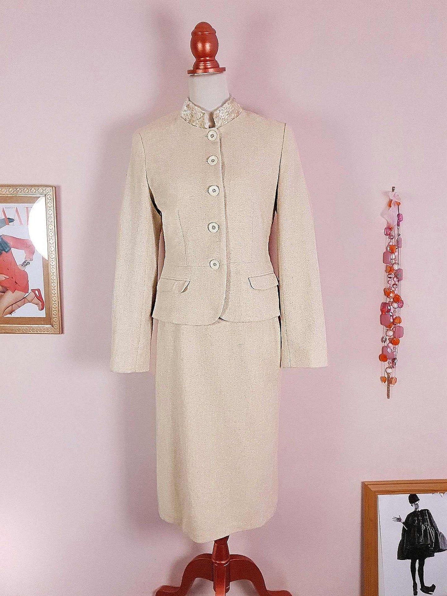 Vintage Laura Ashley Cream Suit Skirt Jacket Set Size 10