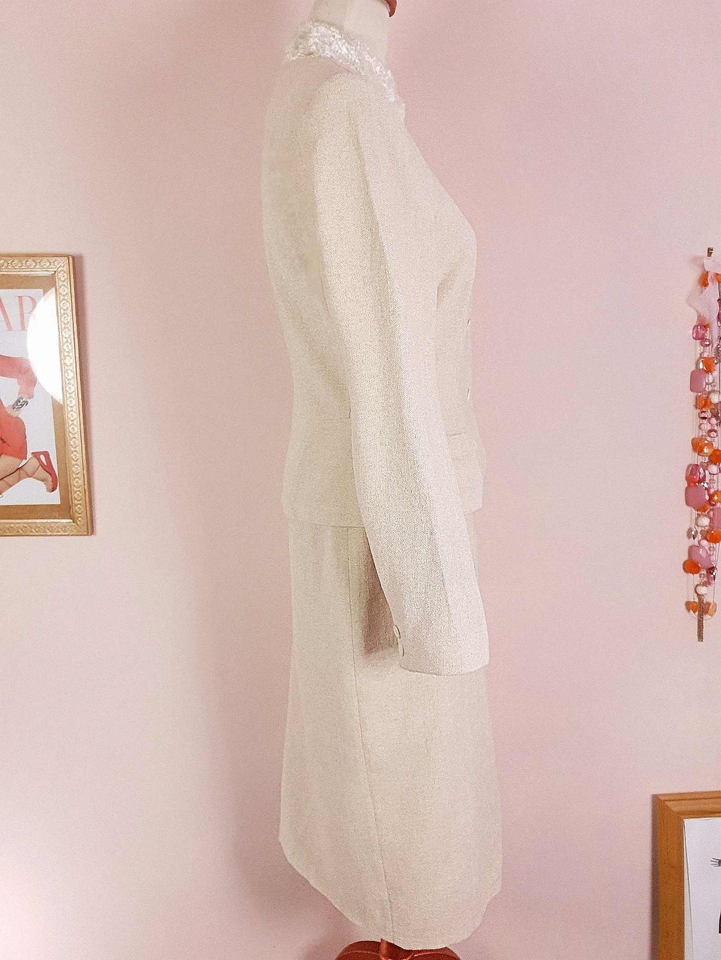 Vintage Laura Ashley Cream Suit Skirt Jacket Set Size 10