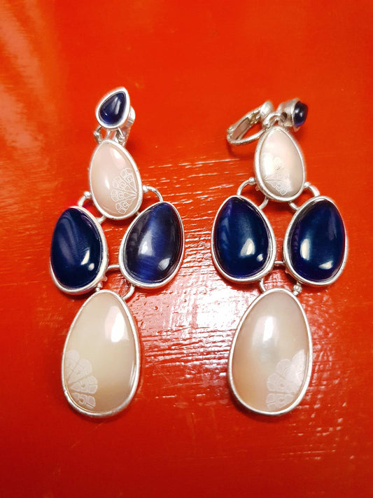 Vintage Liz Claiborne Blue Beige Dangle Drop Earrings 1980s