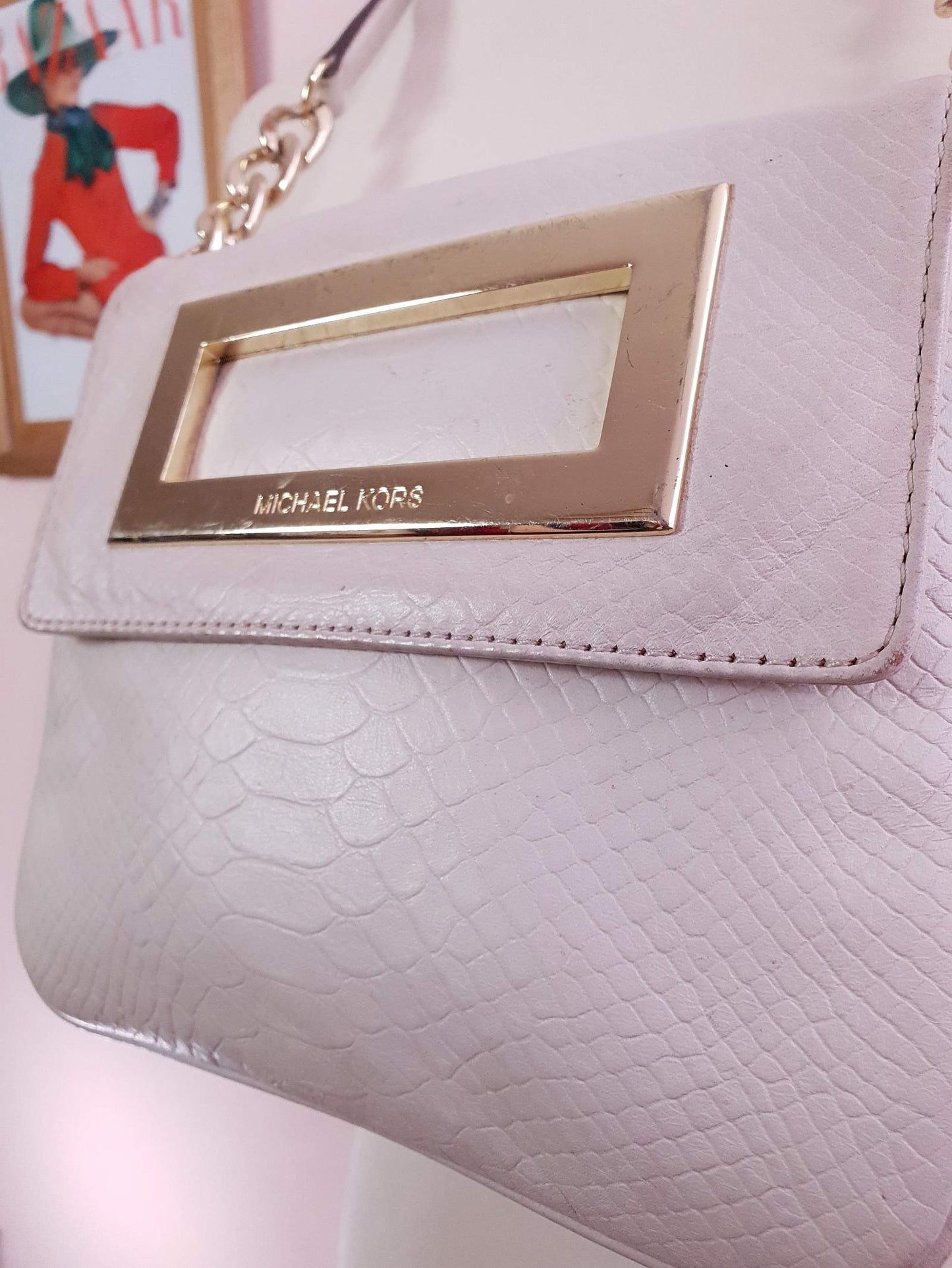 Vintage Michael Kors Cream Leather Handbag Alligator Print Crossbody Bag