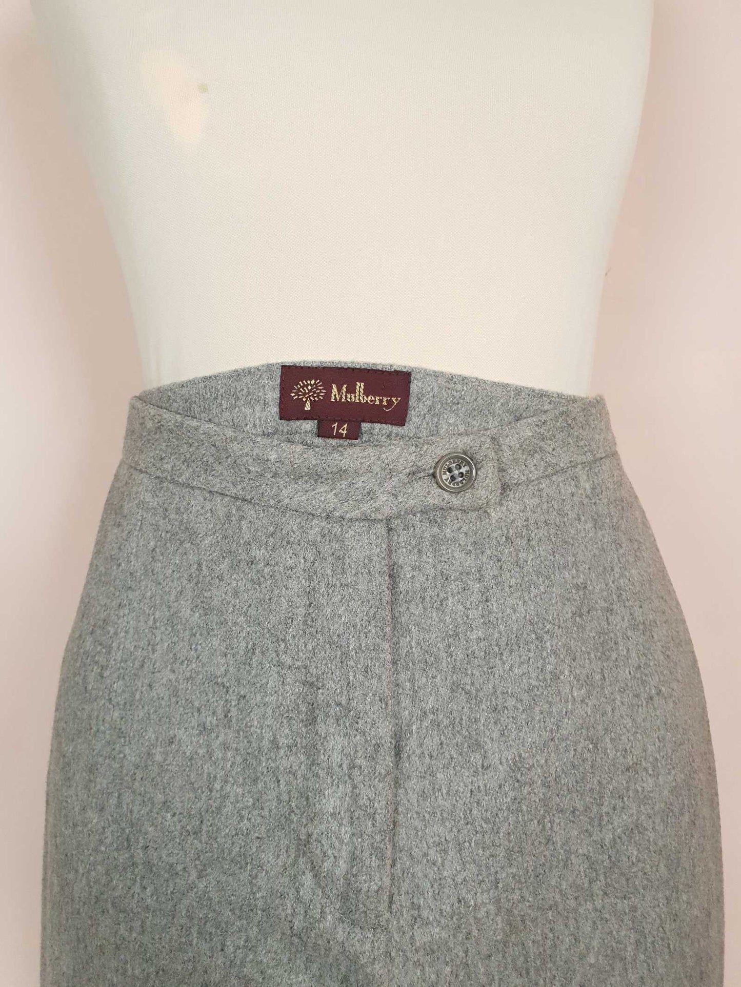 Vintage Mulberry Grey Silk Wool Trousers 1990s Size 14 Wide Leg