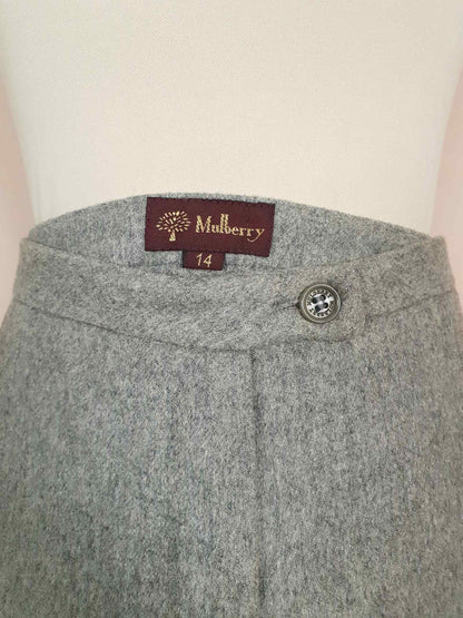 Vintage Mulberry Grey Silk Wool Trousers 1990s Size 14 Wide Leg