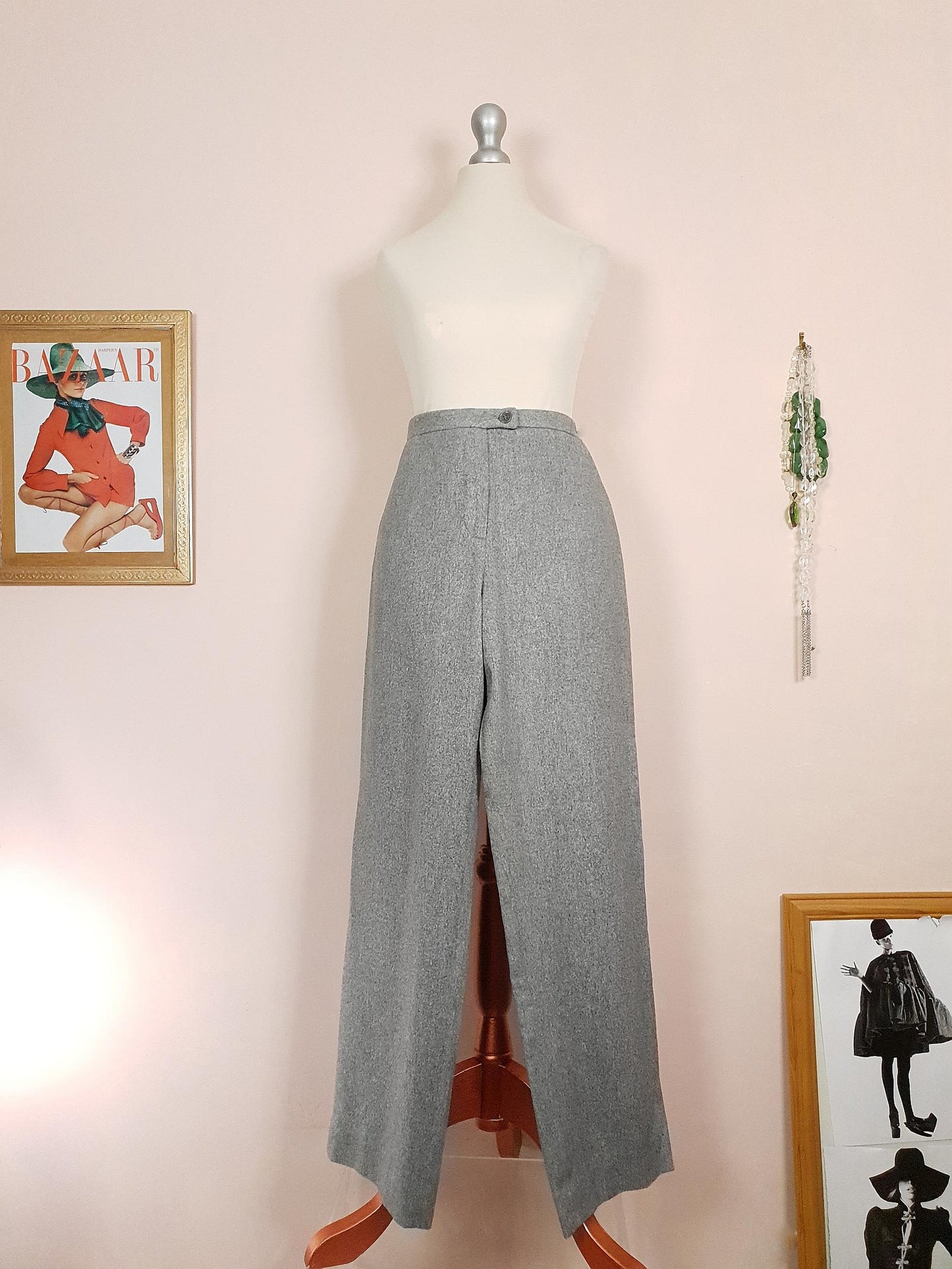 Vintage Mulberry Grey Silk Wool Trousers 1990s Size 14 Wide Leg