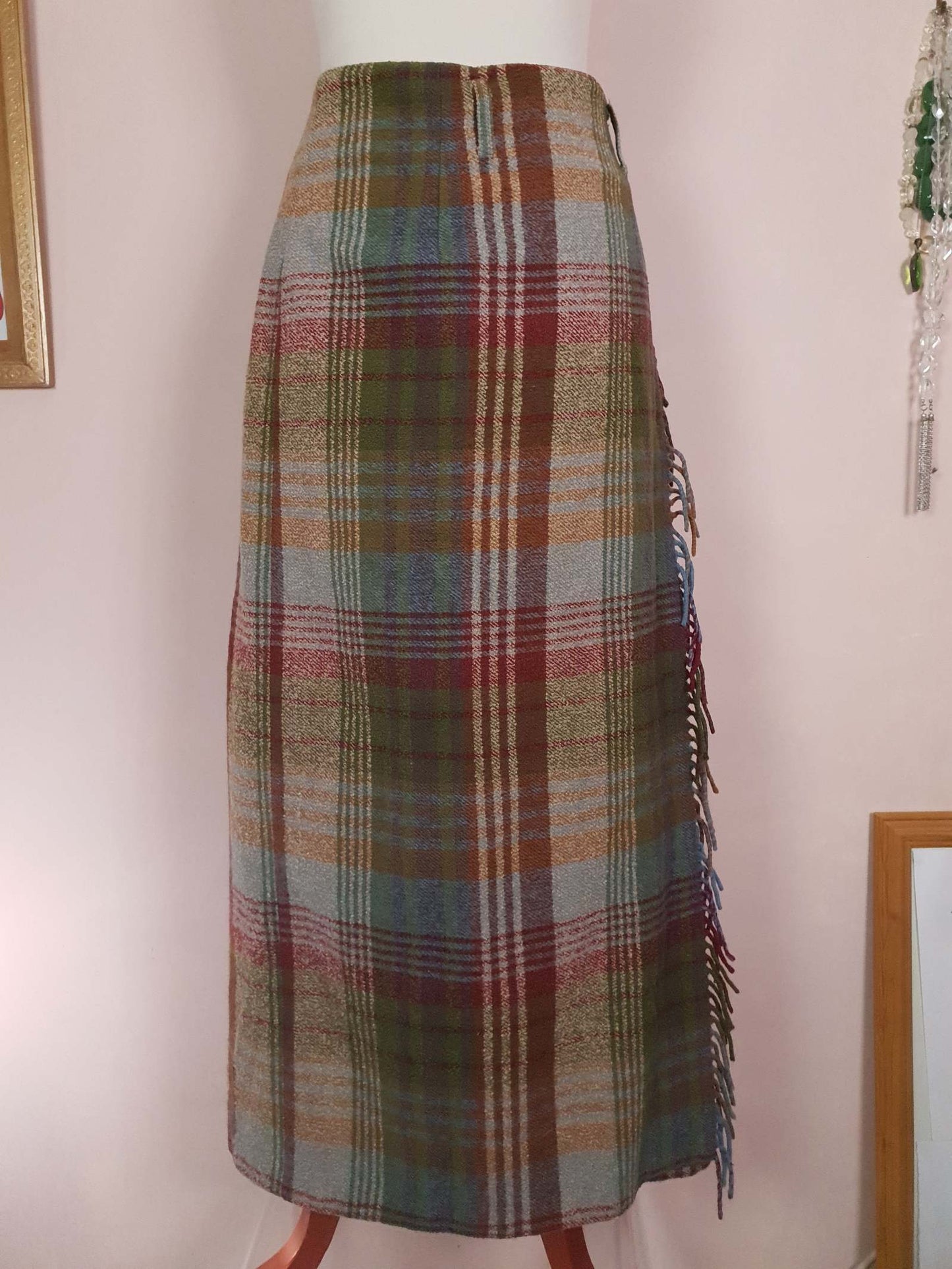 Vintage Mulberry Plaid Wool Skirt Tartan Check Long Maxi Size 14/16