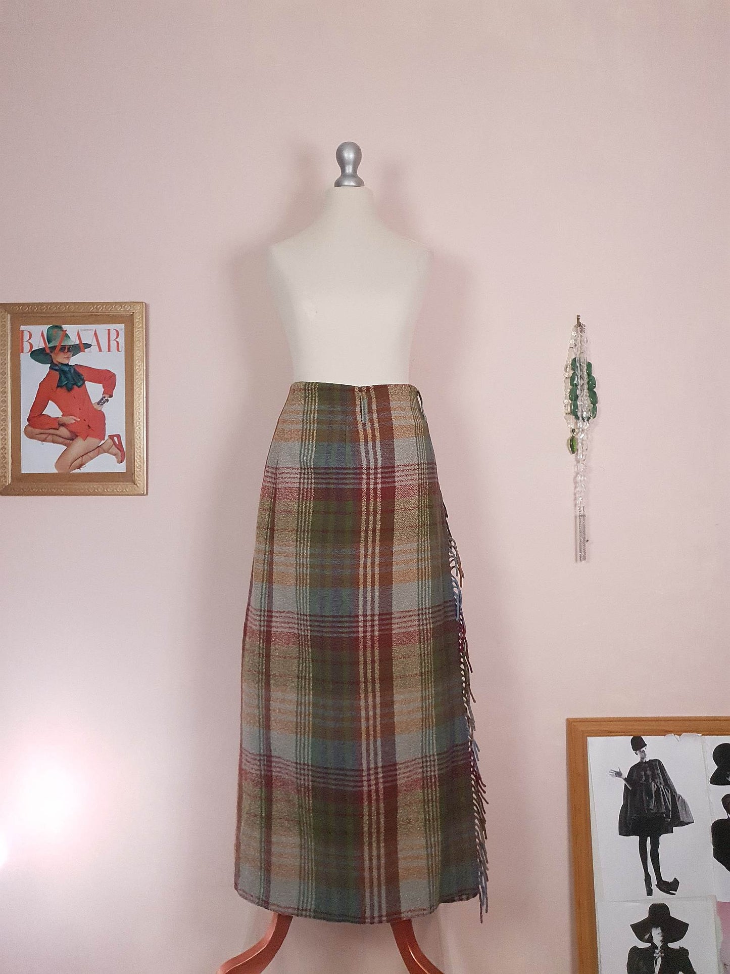 Vintage Mulberry Plaid Wool Skirt Tartan Check Long Maxi Size 14/16