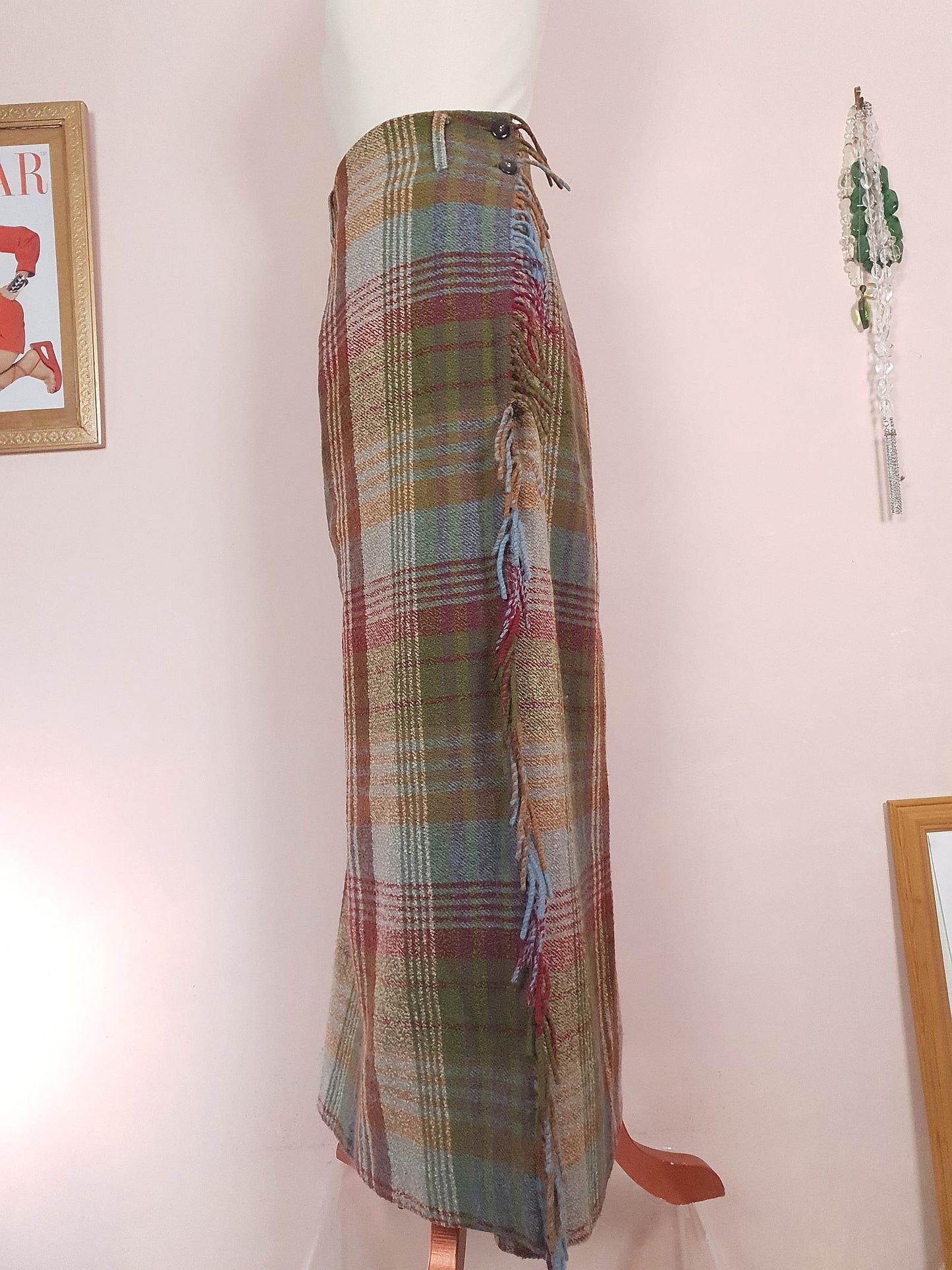 Vintage Mulberry Plaid Wool Skirt Tartan Check Long Maxi Size 14/16