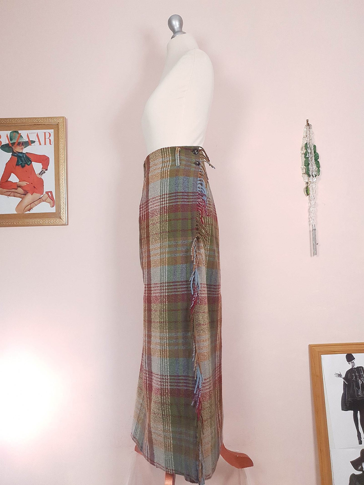 Vintage Mulberry Plaid Wool Skirt Tartan Check Long Maxi Size 14/16