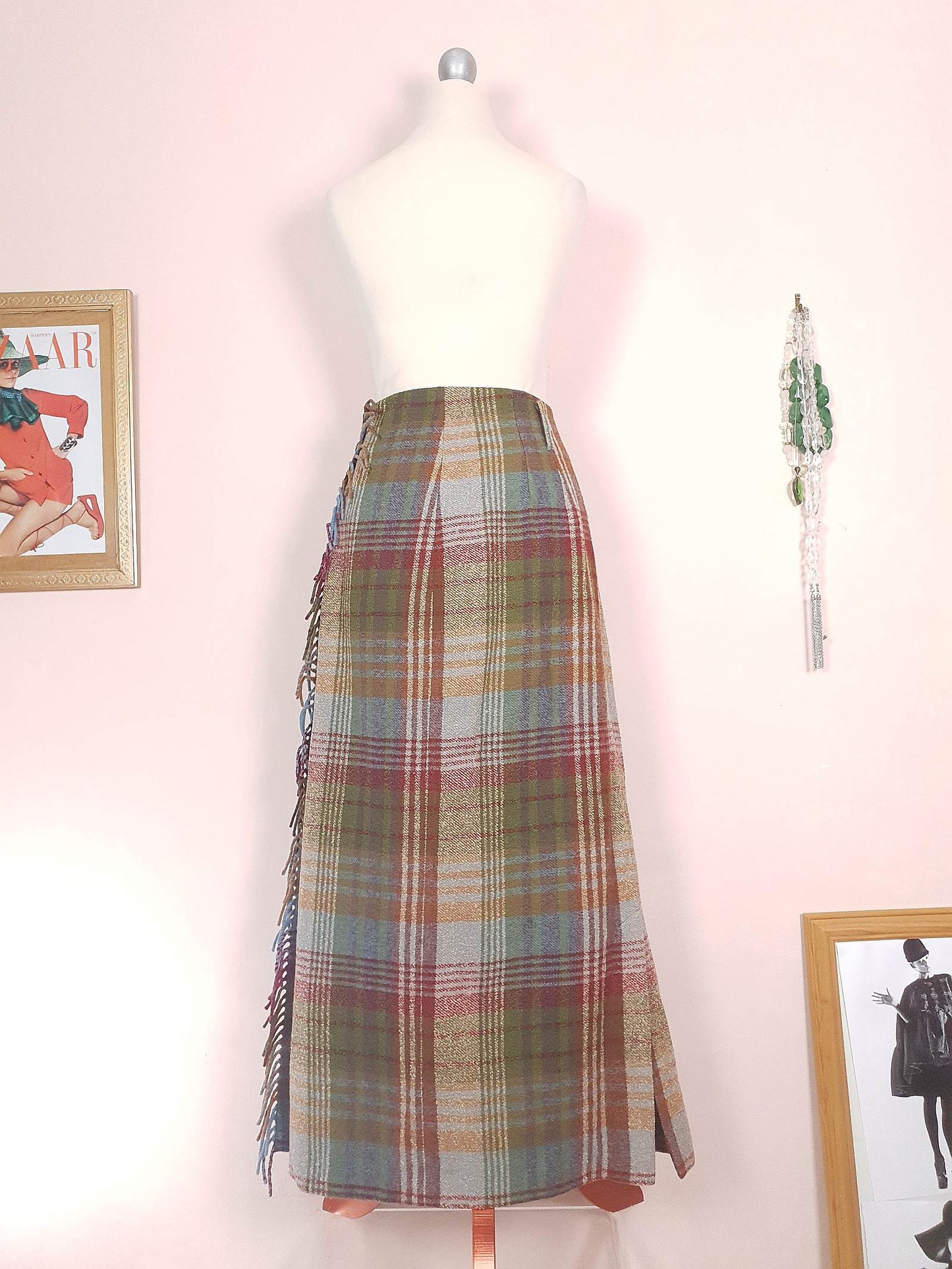 Vintage Mulberry Plaid Wool Skirt Tartan Check Long Maxi Size 14/16