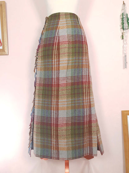 Vintage Mulberry Plaid Wool Skirt Tartan Check Long Maxi Size 14/16