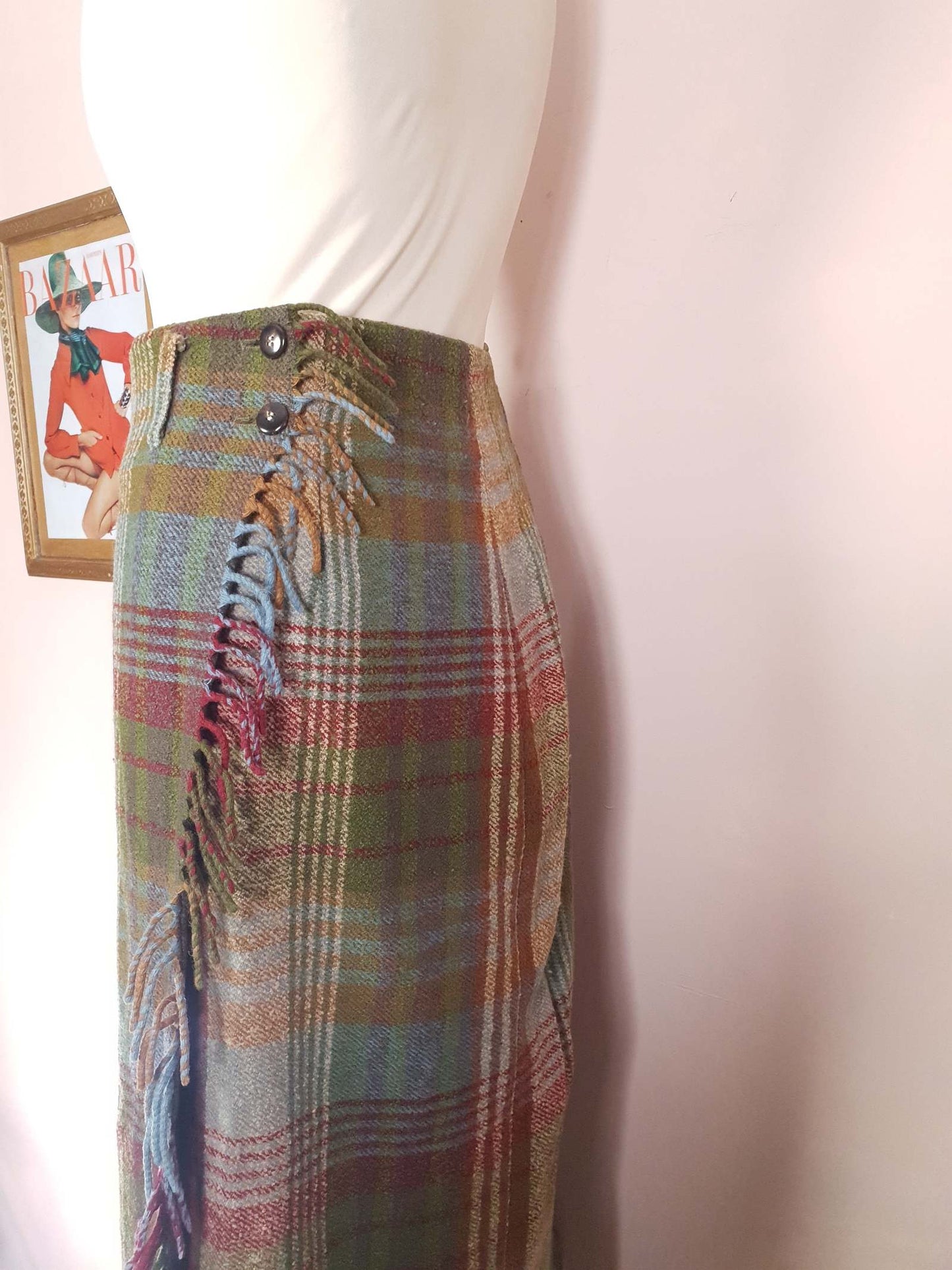 Vintage Mulberry Plaid Wool Skirt Tartan Check Long Maxi Size 14/16