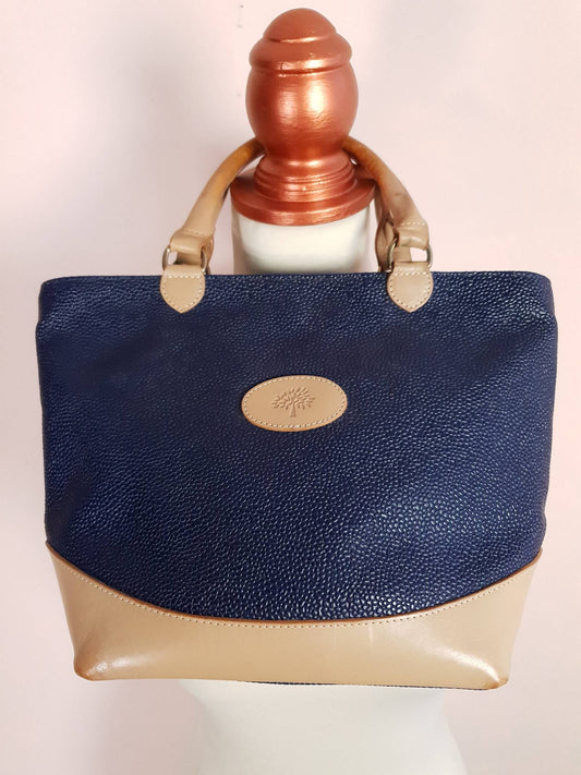 Vintage Mulberry Navy Blue Scotchgrain Hellier Carry Tote Handbag - English Classics