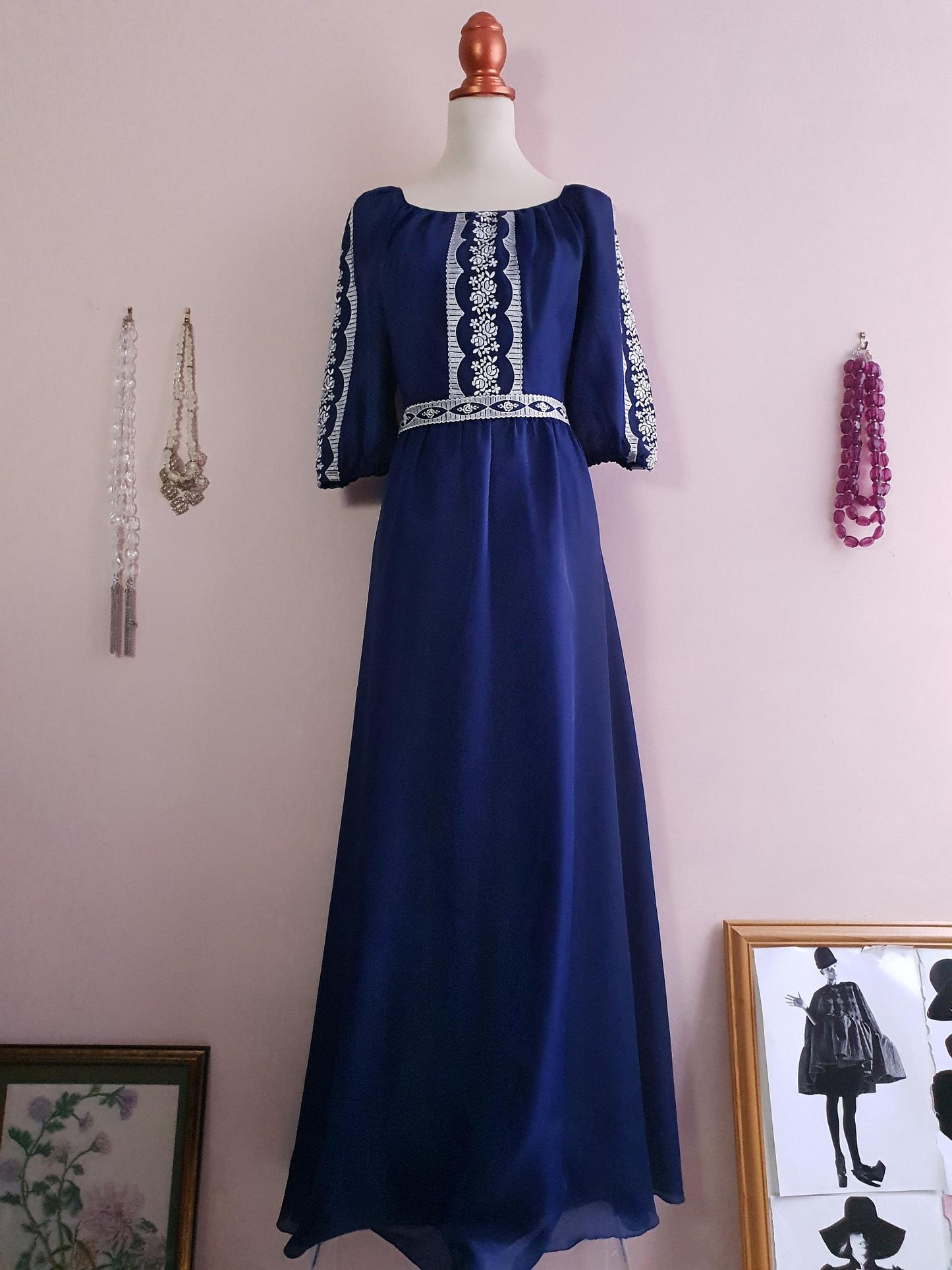 Vintage Navy Blue Maxi Dress 1970s - Size 16 Embroidered Floral Romantic Boho Bohemian Retro