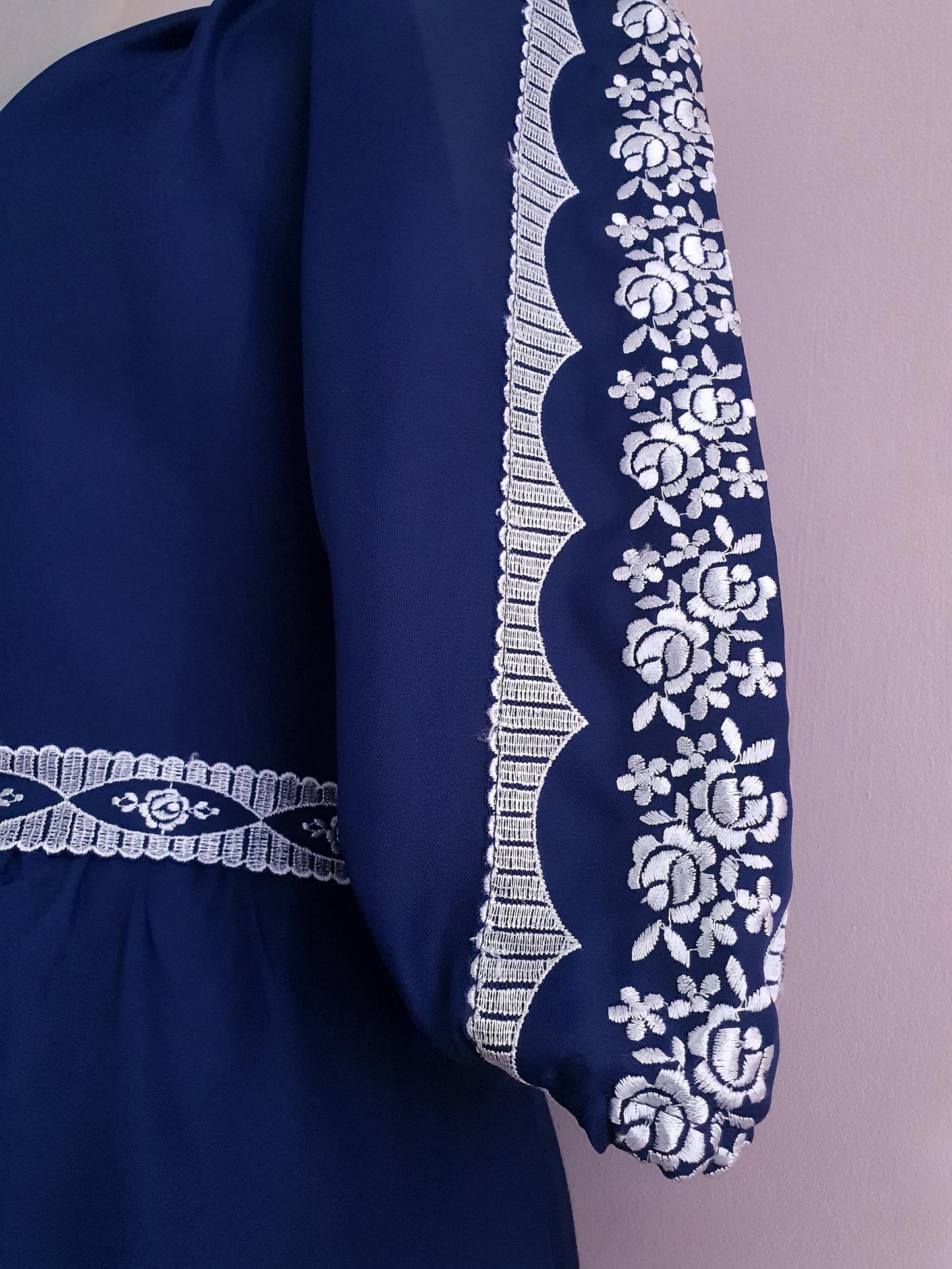 Vintage Navy Blue Maxi Dress 1970s - Size 16 Embroidered Floral Romantic Boho Bohemian Retro