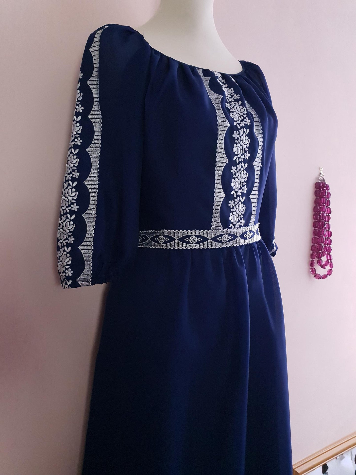 Vintage Navy Blue Maxi Dress 1970s - Size 16 Embroidered Floral Romantic Boho Bohemian Retro