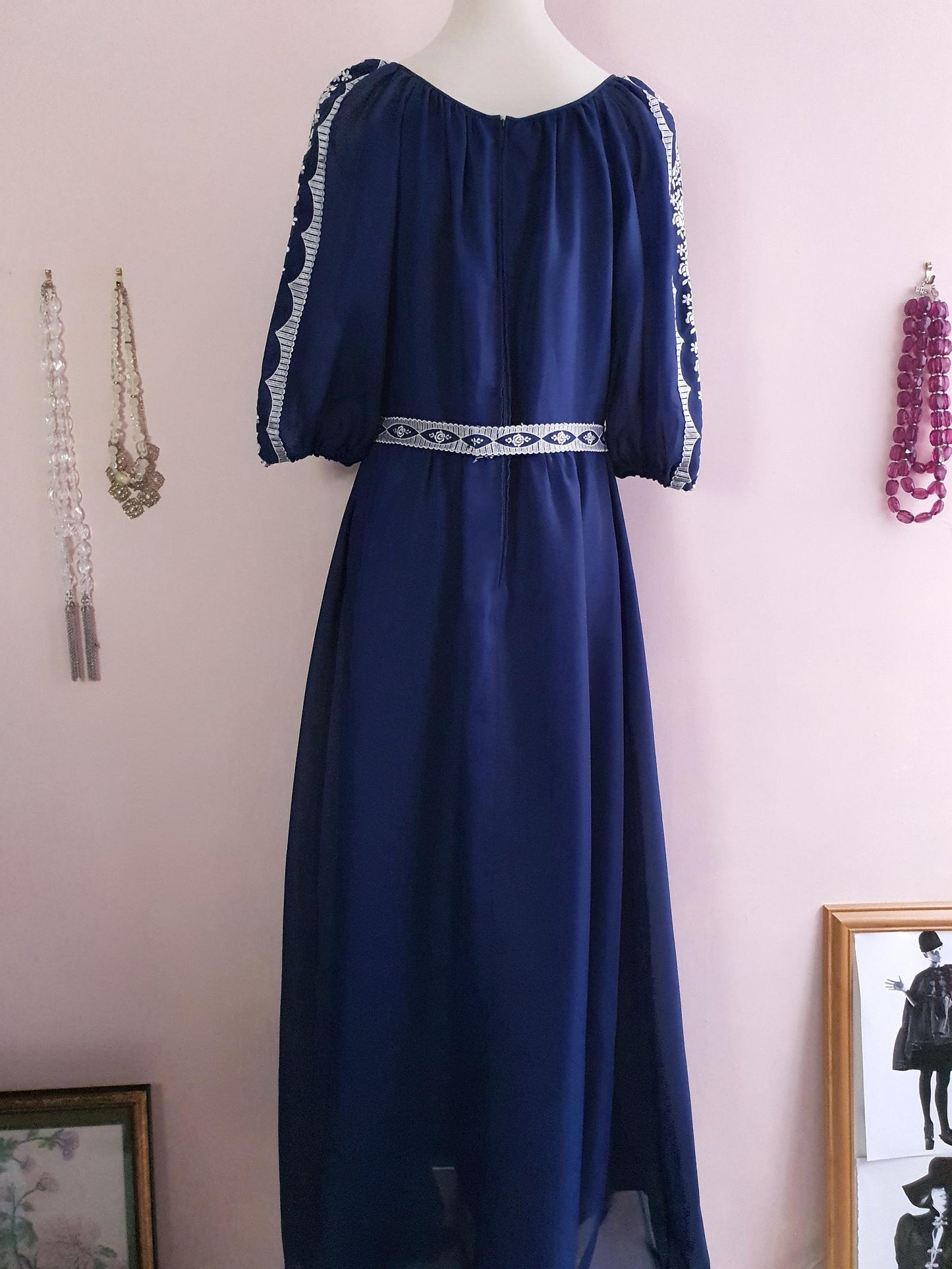 Vintage Navy Blue Maxi Dress 1970s - Size 16 Embroidered Floral Romantic Boho Bohemian Retro