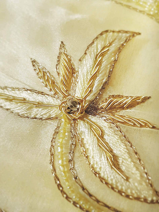 Vintage Pale Yellow Organza Flower Embroidered Skirt Sequins Floral 1970s - Size 12