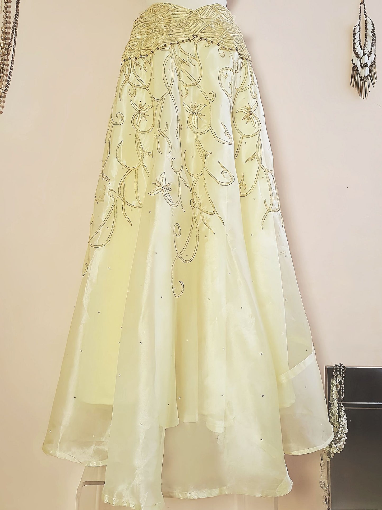 Vintage Pale Yellow Organza Flower Embroidered Skirt Sequins Floral 1970s - Size 12